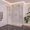 Brushed gold frameless corner sliding shower screen with 10mm glass sliding door and return panel in a marble bathroom