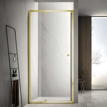 Brushed Gold semi frameless wall to wall shower screen with 6mm clear glass pivot door between two tiled walls