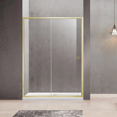 Brushed Gold semi frameless wall to wall sliding shower screen with 6mm clear glass sliding door in a tiled bathroom