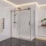 Brushed gun metal frameless corner sliding shower screen with 10mm glass sliding door and return panel in a marble bathroom