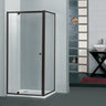Brushed Gun Metal semi frameless corner shower screen with 6mm glass pivot door and fixed return panel on a shower base