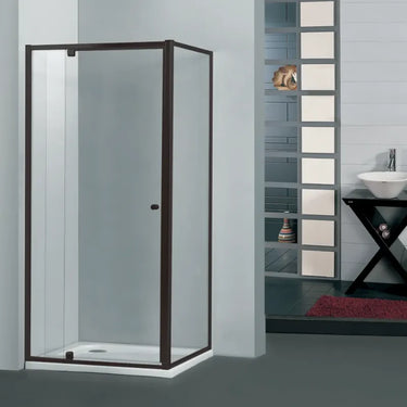 Brushed Gun Metal semi frameless corner shower screen with 6mm glass pivot door and fixed return panel on a shower base