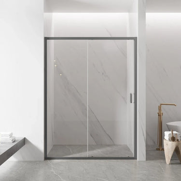 Brushed Gun Metal semi frameless wall to wall sliding shower screen with 6mm clear glass sliding door in a tiled bathroom