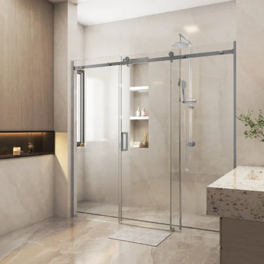 Brushed nickel frameless 3 panel wall to wall sliding shower screen with 10mm glass and centre sliding door