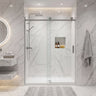 Brushed nickel frameless wall to wall sliding shower screen with 10mm clear glass sliding door in a white marble bathroom