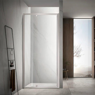 Brushed Nickel semi frameless wall to wall shower screen with 6mm clear glass pivot door between two tiled walls