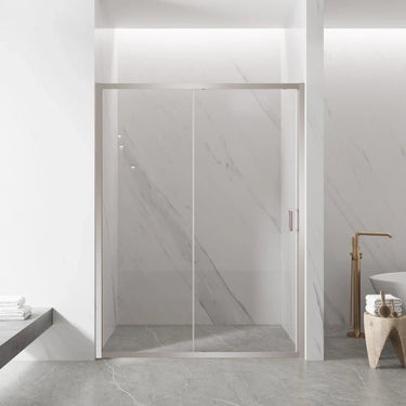 Brushed Nickel semi frameless wall to wall sliding shower screen with 6mm clear glass sliding door in a tiled bathroom