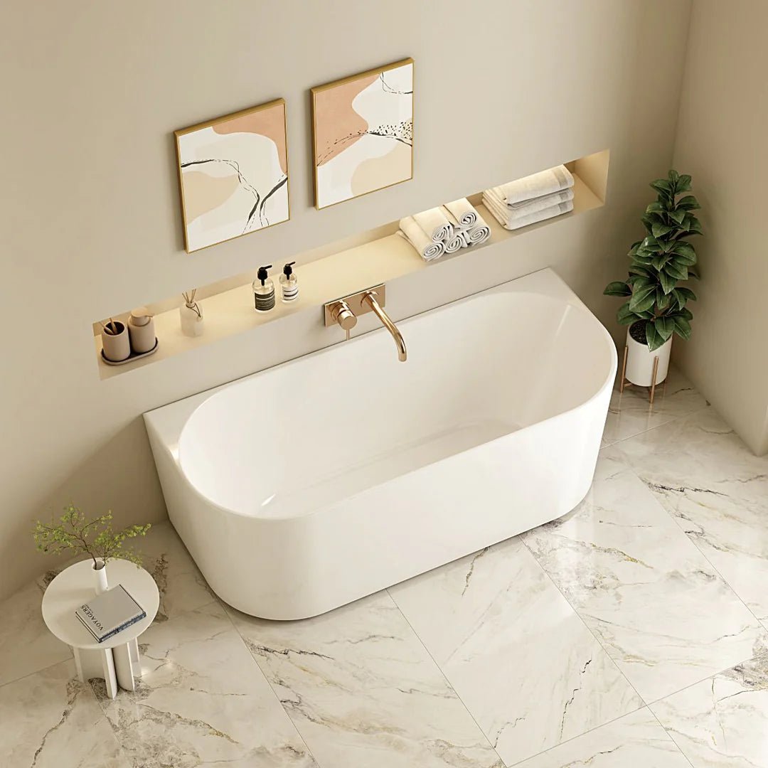 Bullion 1500mm Ultra - Thin Back to Wall Gloss White Bathtub - RJ Bathroom