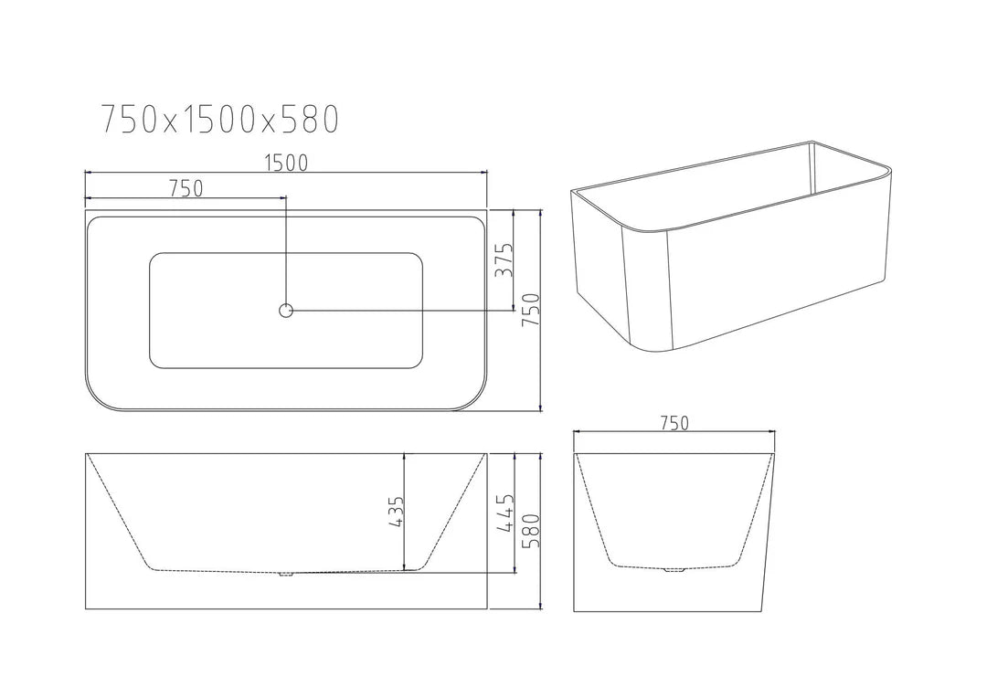 Bullion 1500mm Ultra - Thin Back to Wall Gloss White Bathtub - RJ Bathroom