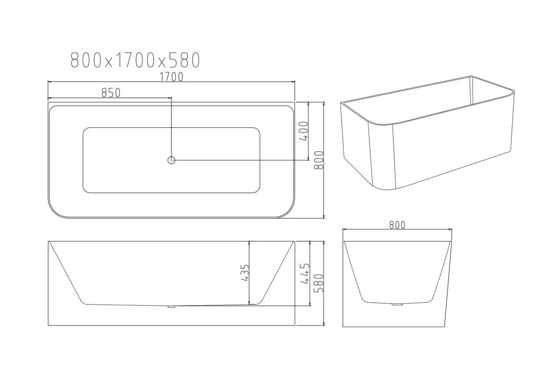 Bullion 1700mm Ultra - Thin Back to Wall Gloss White Bathtub - RJ Bathroom