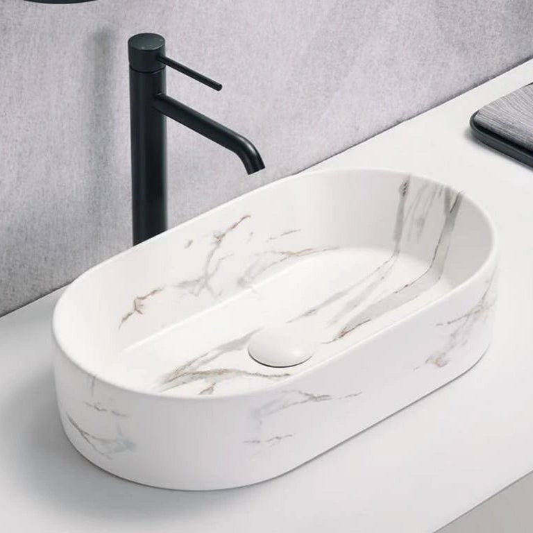 Carrara Gold Vein Oval Above Counter Matte White Basin - RJ Bathroom