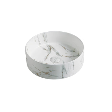 Carrara 394mm round above counter basin in matte white marble look ceramic with gold veining