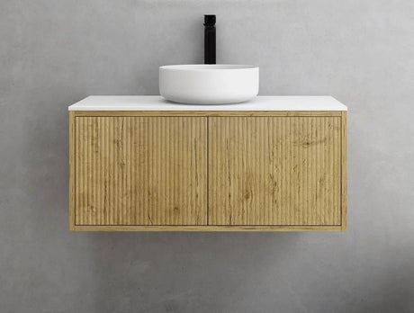 Ceto Ensuite Slim Fluted Wall Hung Drawer Vanity 900*395mm Prime Oak with Stone Top - RJ Bathroom