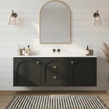 Chester 1200mm Matte Black Hampton wall hung vanity with arched doors, styled bathroom