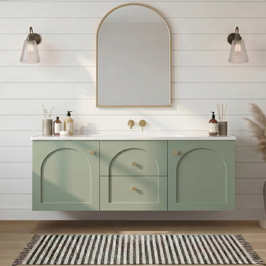 Chester 1200mm Olive Green Hampton wall hung vanity with arched doors, styled bathroom