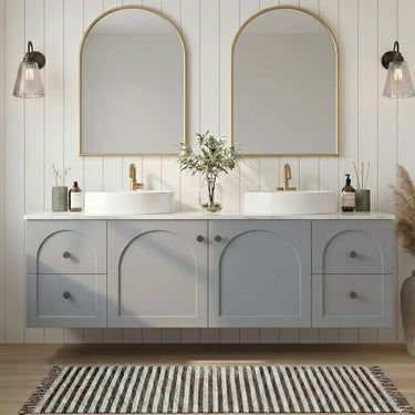 Chester 1500mm Matte Grey Hampton wall hung vanity with arched doors, styled bathroom