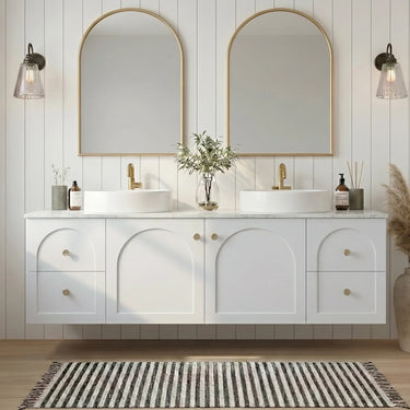 Chester 1500mm Matte White Hampton wall hung vanity with arched doors, styled bathroom