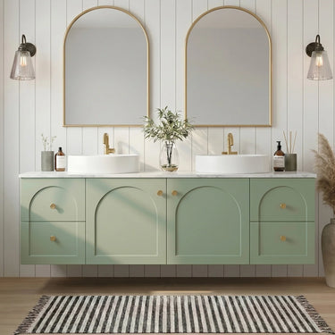 Chester 1500mm Olive Green Hampton wall hung vanity with arched doors, styled bathroom