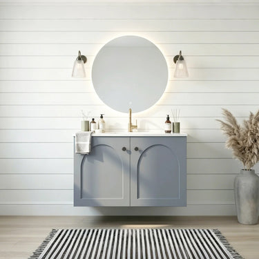 Chester 600mm Matte Grey Hampton wall hung vanity with arched doors, styled bathroom