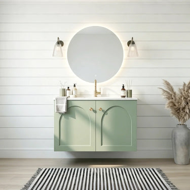 Chester 600mm Olive Green Hampton wall hung vanity with arched doors, styled bathroom