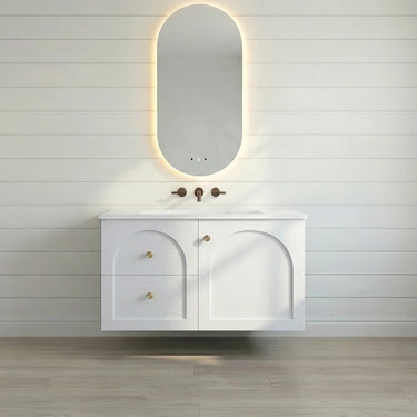 Chester 750mm Matte White Hampton wall hung vanity with arched doors, left-hand drawers, styled bathroom