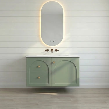 Chester 750mm Olive Green Hampton wall hung vanity with arched doors, left-hand drawers, styled bathroom