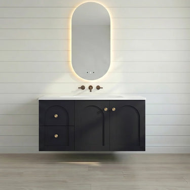 Chester 900mm Matte Black Hampton wall hung vanity with arched doors, left-hand drawers, styled bathroom