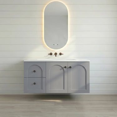 Chester 900mm Matte Grey Hampton wall hung vanity with arched doors, left-hand drawers, styled bathroom