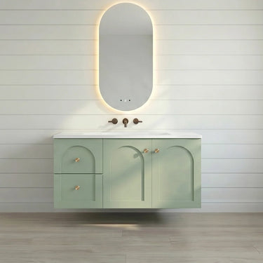 Chester 900mm Olive Green Hampton wall hung vanity with arched doors, left-hand drawers, styled bathroom