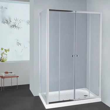 Chrome semi frameless corner shower screen with centre opening sliding doors and return panel, L shape