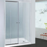 Chrome semi frameless centre opening sliding shower screen installed wall to wall, two sliding doors meeting in the middle
