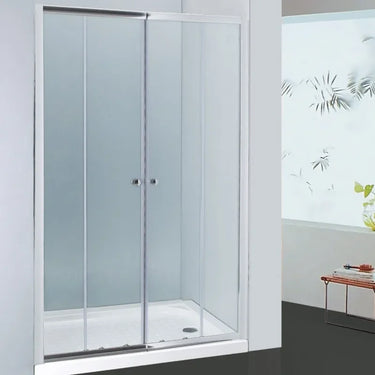 Chrome semi frameless centre opening sliding shower screen installed wall to wall, two sliding doors meeting in the middle