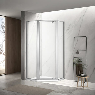 Chrome semi frameless diamond shower screen with pivot door in a corner shower