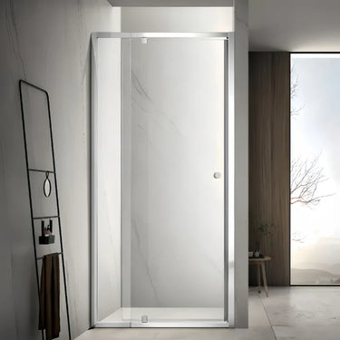 Chrome semi frameless wall to wall shower screen with 6mm clear glass pivot door between two tiled walls
