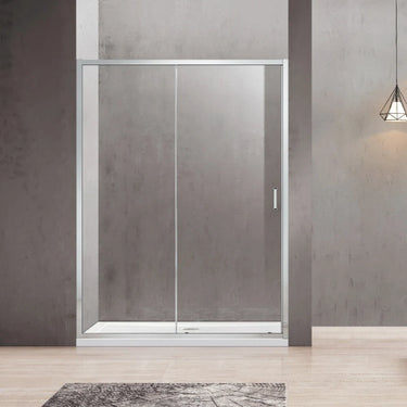 Chrome semi frameless wall to wall sliding shower screen with 6mm clear glass sliding door in a tiled bathroom