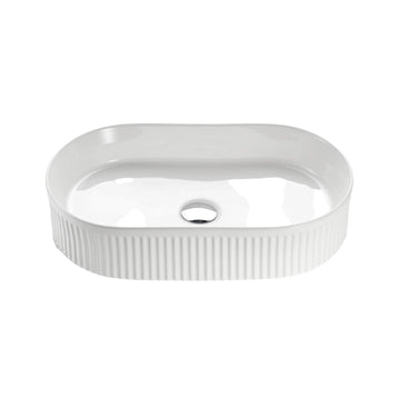 Cora 580x360mm Oval Pill Fluted Above Counter Gloss White Basin - RJ Bathroom