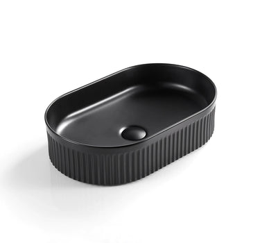 Cora 580x360mm Oval Pill Fluted Above Counter Matte Black Basin - RJ Bathroom
