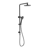 Cora Matte Black twin shower rail set with 200mm round overhead and three-function hand shower