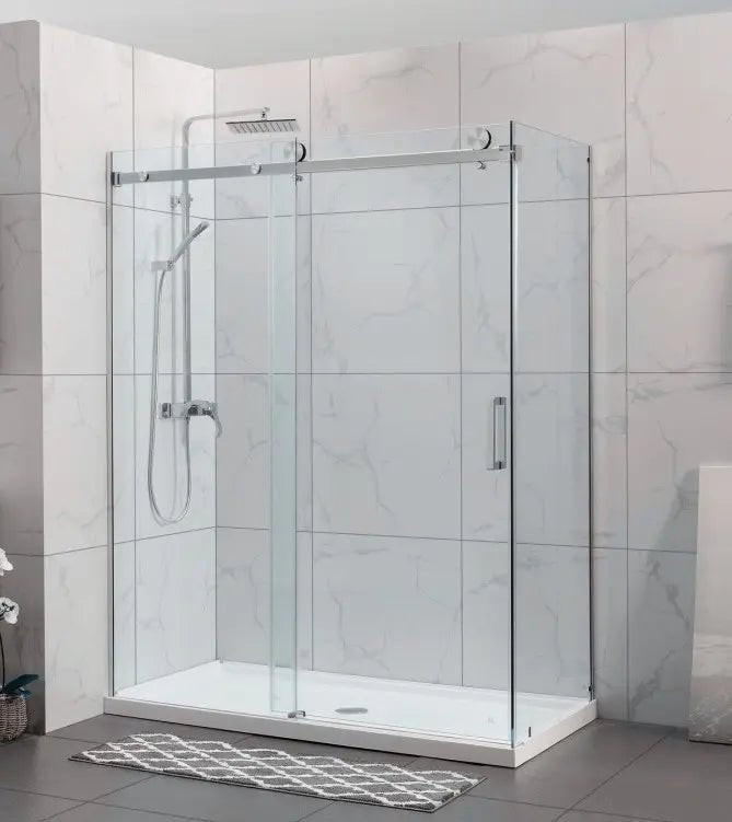 Covey Frameless Brushed Nickel Corner Sliding Door Shower Screen - RJ Bathroom