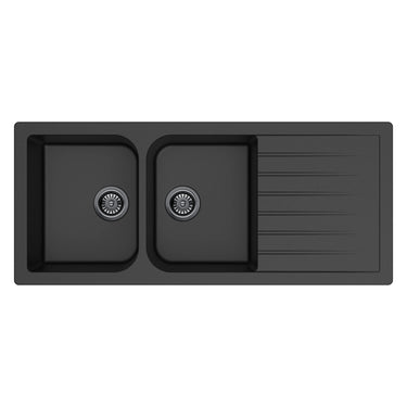 Crete 1160x500mm Matte Black double bowl granite sink with drainer