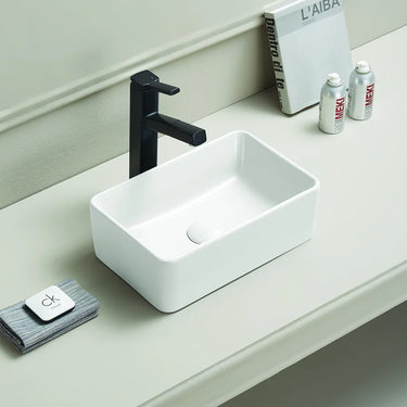 Crete 360mm rectangular above counter basin in gloss white on a bathroom vanity top