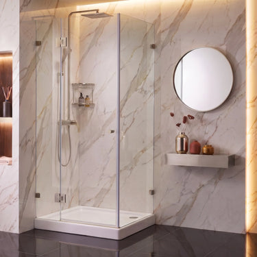 Brushed nickel frameless corner shower screen with 10mm toughened glass pivot door and return panel
