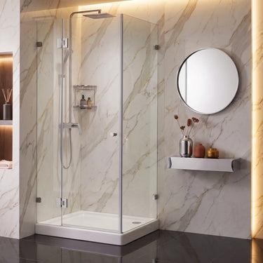 Chrome frameless corner shower screen with 10mm toughened glass pivot door and return panel