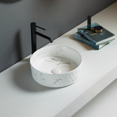 Dimond Carrara gold vein 360mm round above counter basin in matte white marble look ceramic