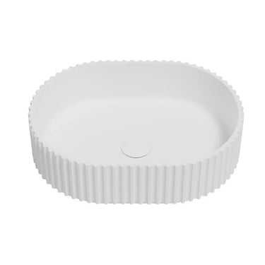 Ellips Fluted 480mm solid surface stone oval above counter basin in matte white