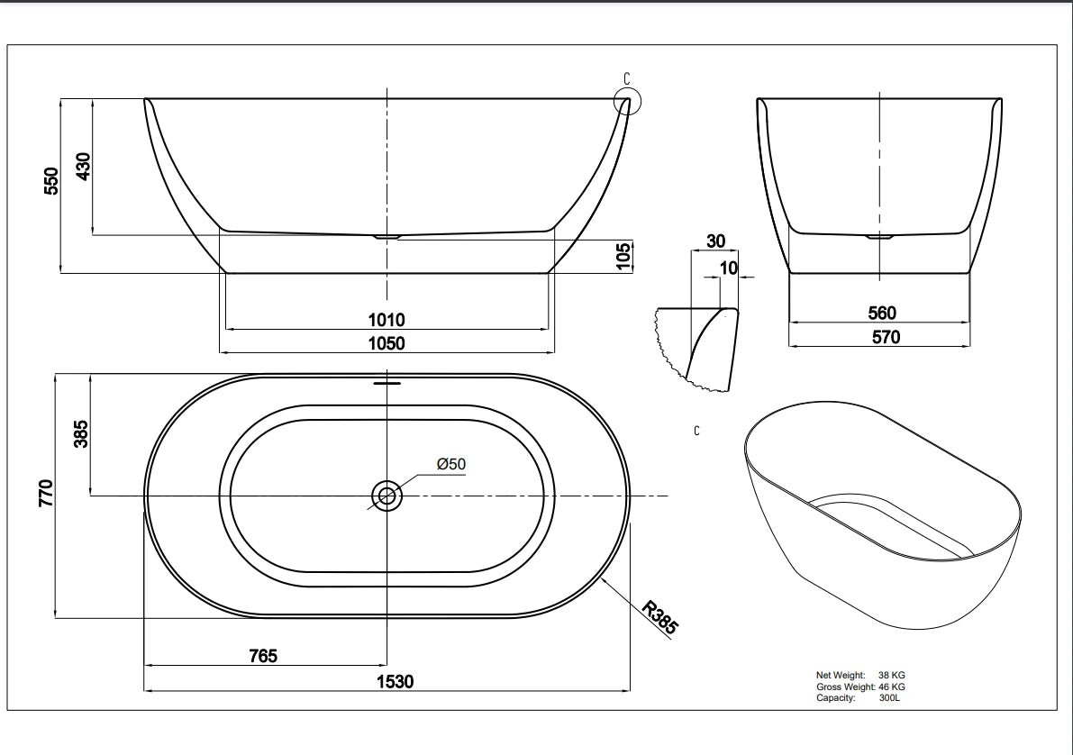Ellips Slim 1700mm Oval Round Matte Black Freestanding Bathtub - RJ Bathroom