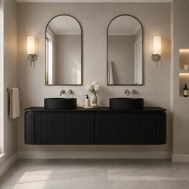 Estella fluted curved wall hung double bowl vanity in Matte Black styled in a modern Australian bathroom - RJ Bathroom