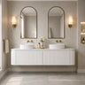 Estella fluted curved wall hung double bowl vanity in Matte White styled in a modern Australian bathroom - RJ Bathroom