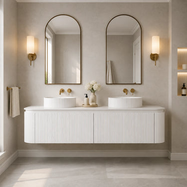 Estella fluted curved wall hung double bowl vanity in Matte White styled in a modern Australian bathroom - RJ Bathroom
