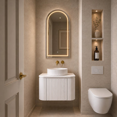 Estella fluted curved wall hung vanity in Matte White with a round vessel basin styled in a modern Australian powder room - RJ Bathroom
